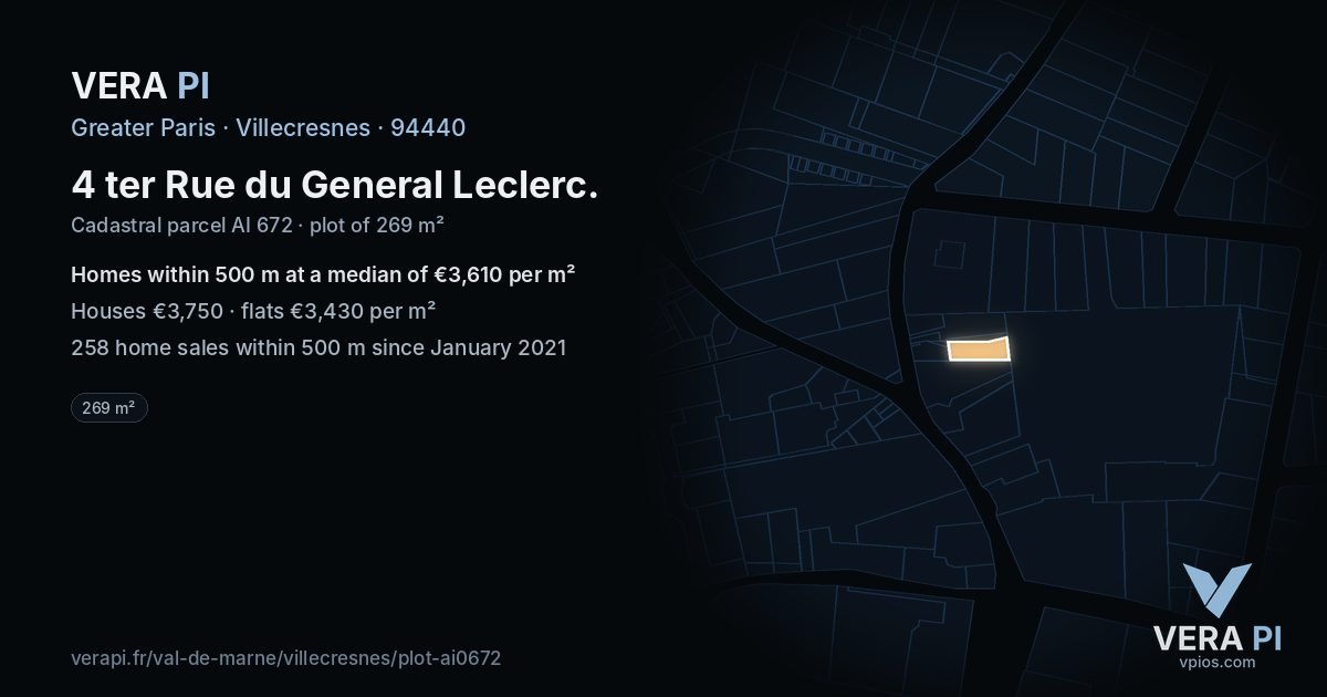 4 ter Rue du General Leclerc, Villecresnes at night – the plot lit, the parcels around coloured by the prices near them