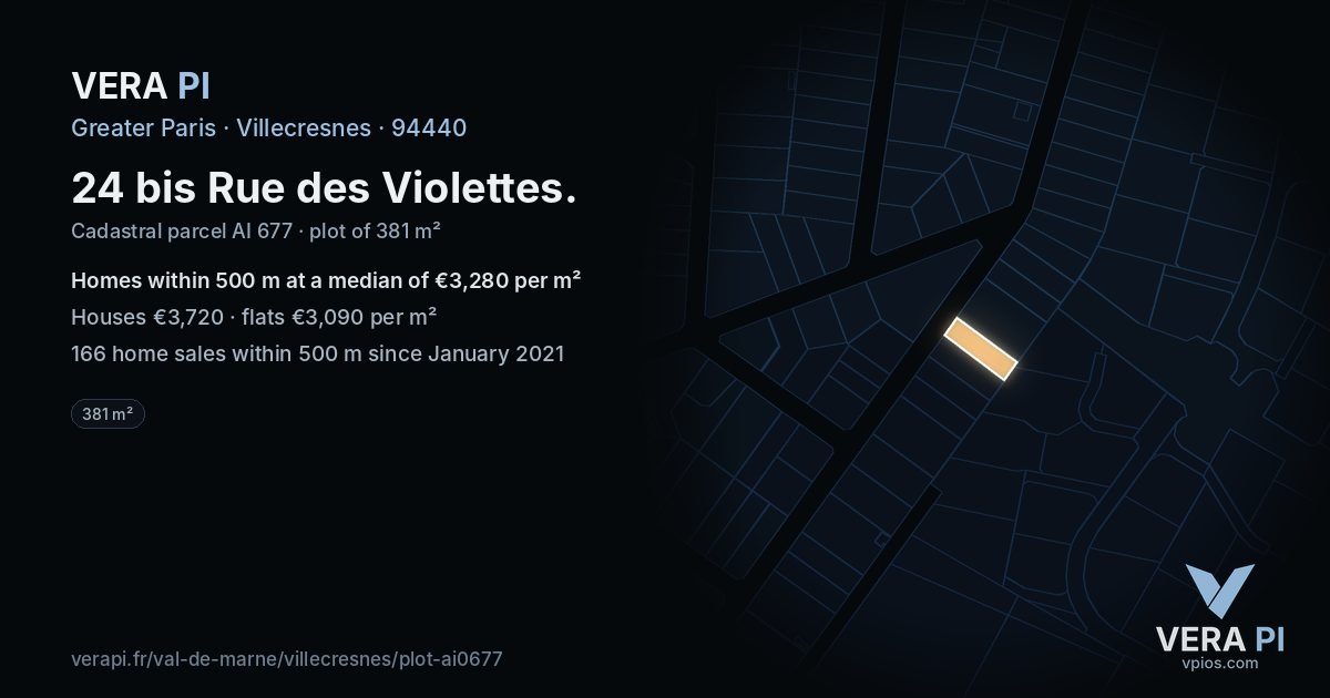 24 bis Rue des Violettes, Villecresnes at night – the plot lit, the parcels around coloured by the prices near them