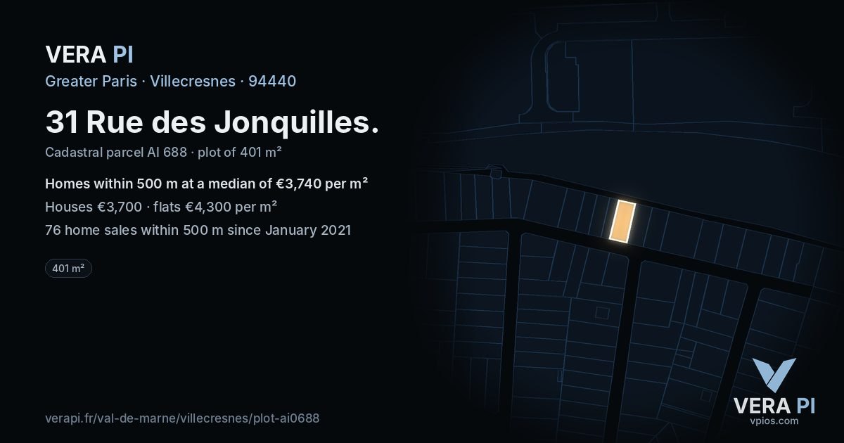 31 Rue des Jonquilles, Villecresnes at night – the plot lit, the parcels around coloured by the prices near them