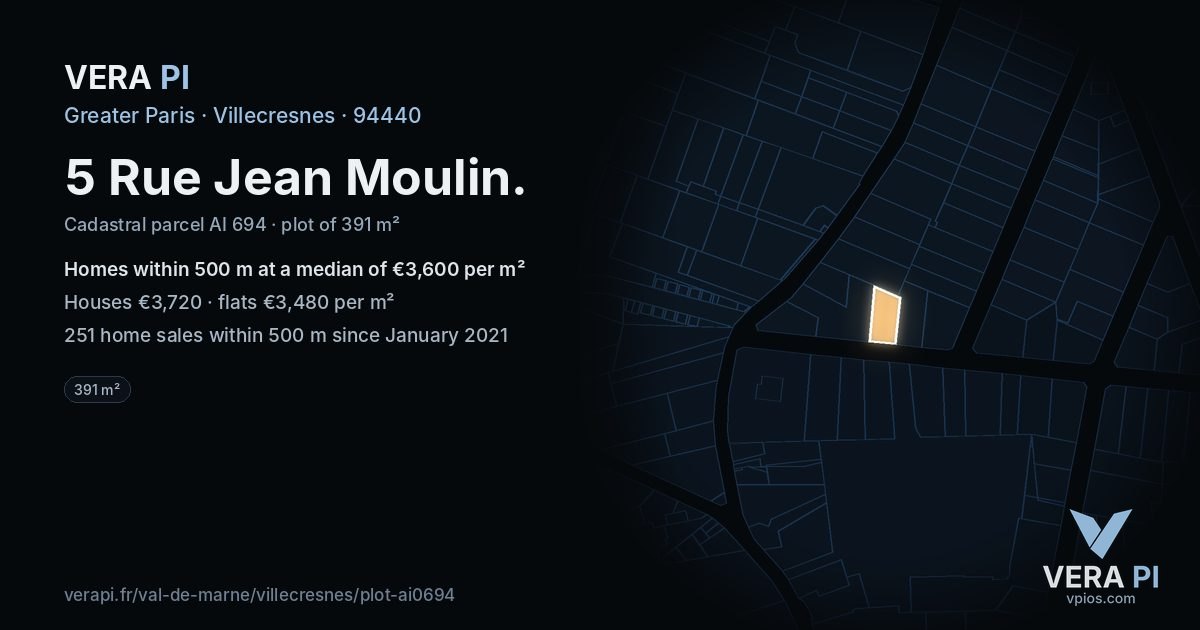 5 Rue Jean Moulin, Villecresnes at night – the plot lit, the parcels around coloured by the prices near them