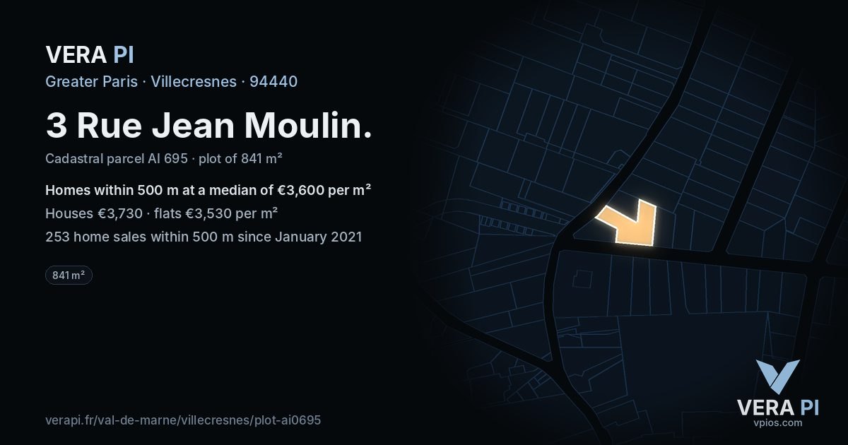 3 Rue Jean Moulin, Villecresnes at night – the plot lit, the parcels around coloured by the prices near them