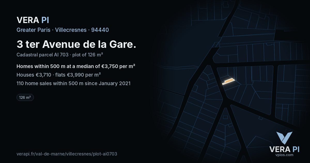 3 ter Avenue de la Gare, Villecresnes at night – the plot lit, the parcels around coloured by the prices near them