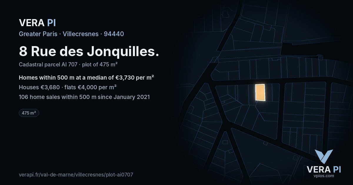 8 Rue des Jonquilles, Villecresnes at night – the plot lit, the parcels around coloured by the prices near them