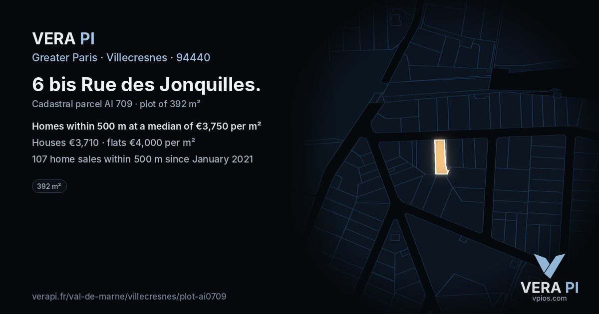 6 bis Rue des Jonquilles, Villecresnes at night – the plot lit, the parcels around coloured by the prices near them