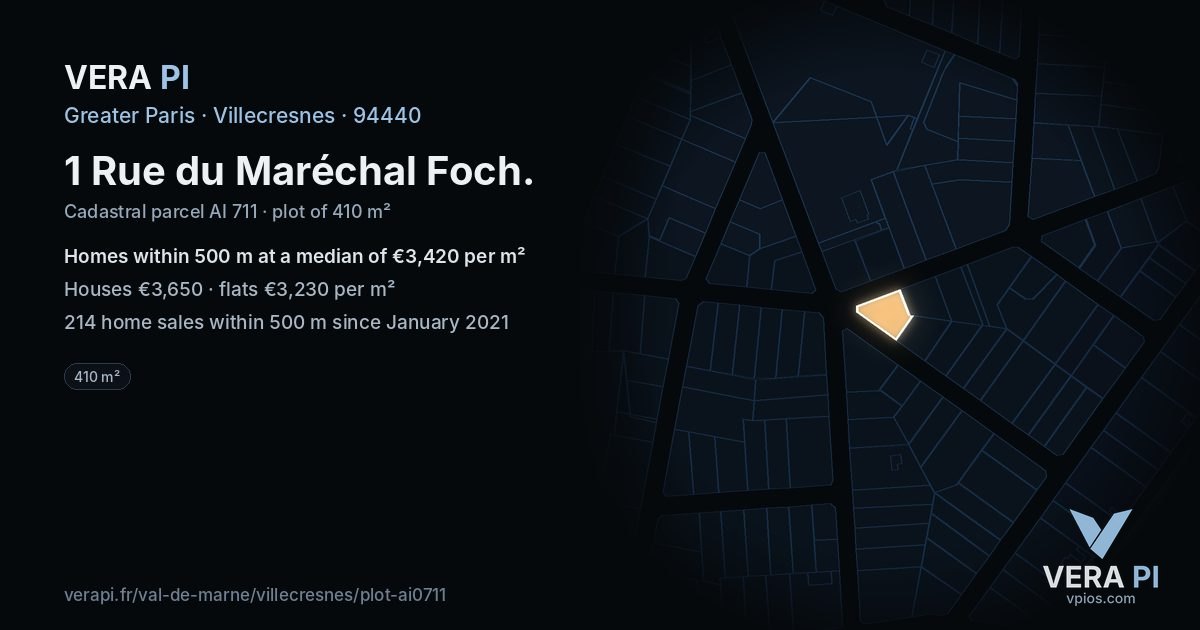 1 Rue du Maréchal Foch, Villecresnes at night – the plot lit, the parcels around coloured by the prices near them