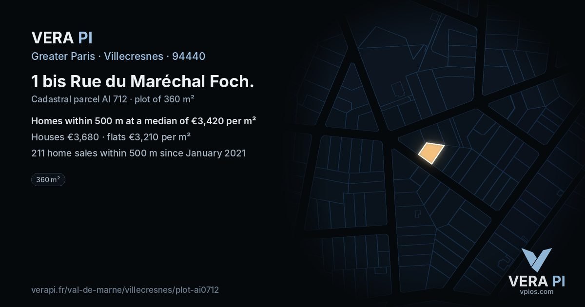 1 bis Rue du Maréchal Foch, Villecresnes at night – the plot lit, the parcels around coloured by the prices near them