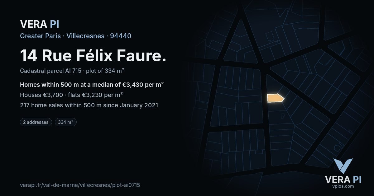 14 Rue Félix Faure, Villecresnes at night – the plot lit, the parcels around coloured by the prices near them