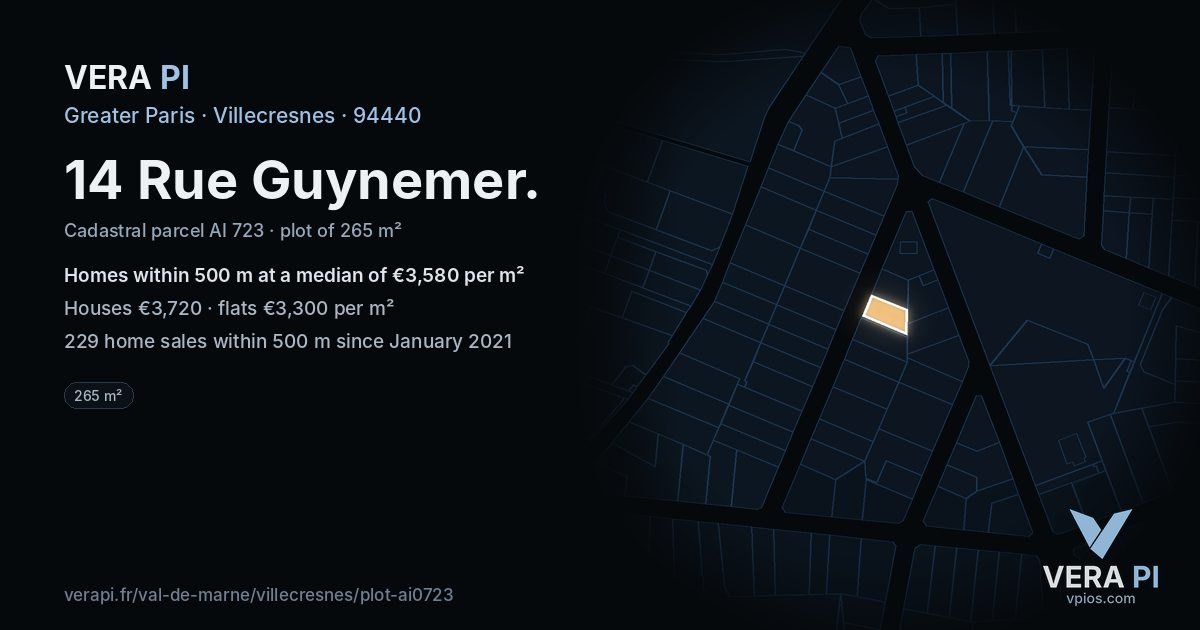 14 Rue Guynemer, Villecresnes at night – the plot lit, the parcels around coloured by the prices near them