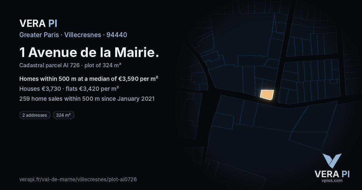 1 Avenue de la Mairie, Villecresnes at night – the plot lit, the parcels around coloured by the prices near them