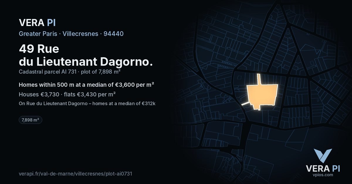 49 Rue du Lieutenant Dagorno, Villecresnes at night – the plot lit, the parcels around coloured by the prices near them