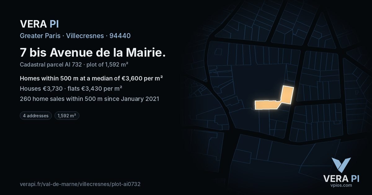 7 bis Avenue de la Mairie, Villecresnes at night – the plot lit, the parcels around coloured by the prices near them