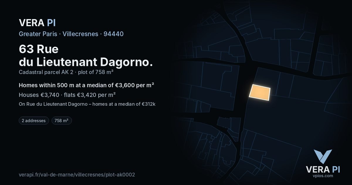63 Rue du Lieutenant Dagorno, Villecresnes at night – the plot lit, the parcels around coloured by the prices near them