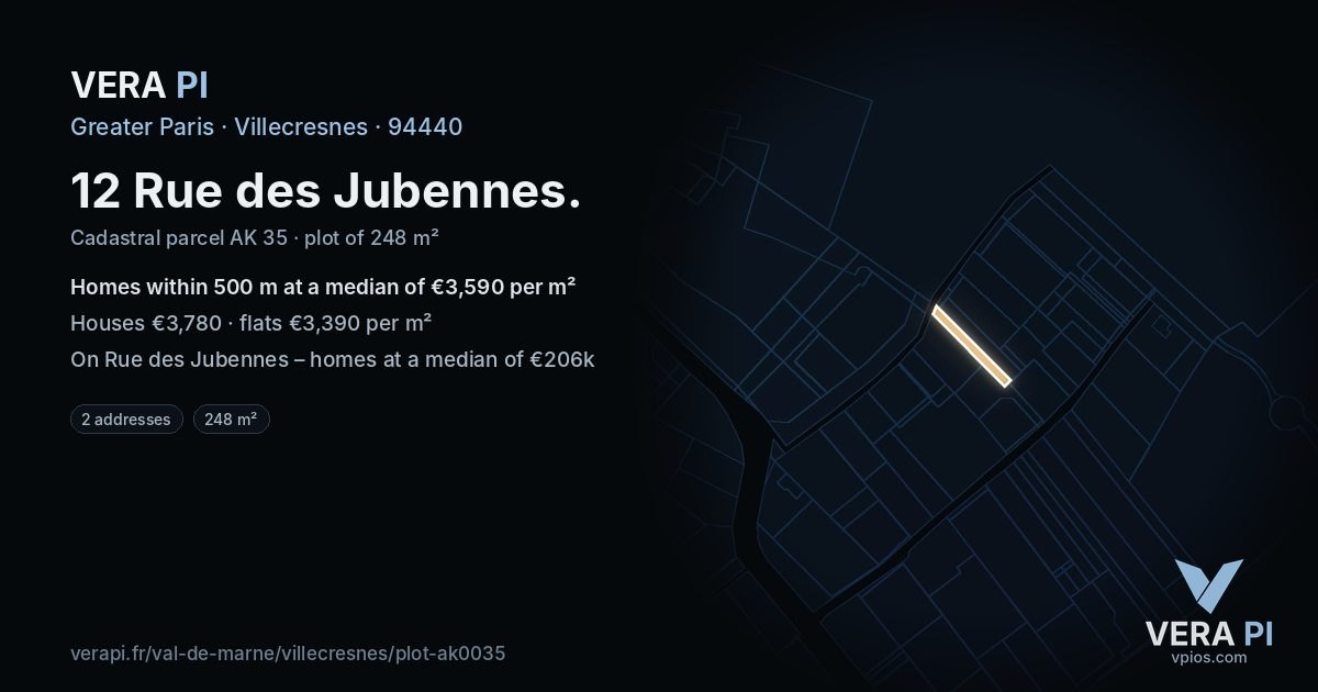 12 Rue des Jubennes, Villecresnes at night – the plot lit, the parcels around coloured by the prices near them