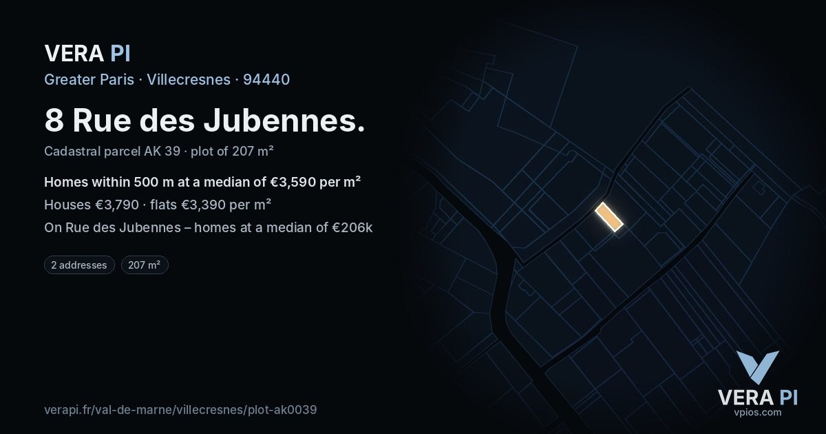 8 Rue des Jubennes, Villecresnes at night – the plot lit, the parcels around coloured by the prices near them