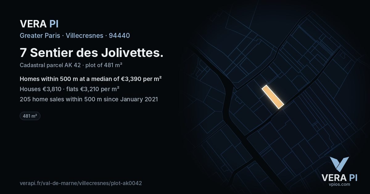 7 Sentier des Jolivettes, Villecresnes at night – the plot lit, the parcels around coloured by the prices near them