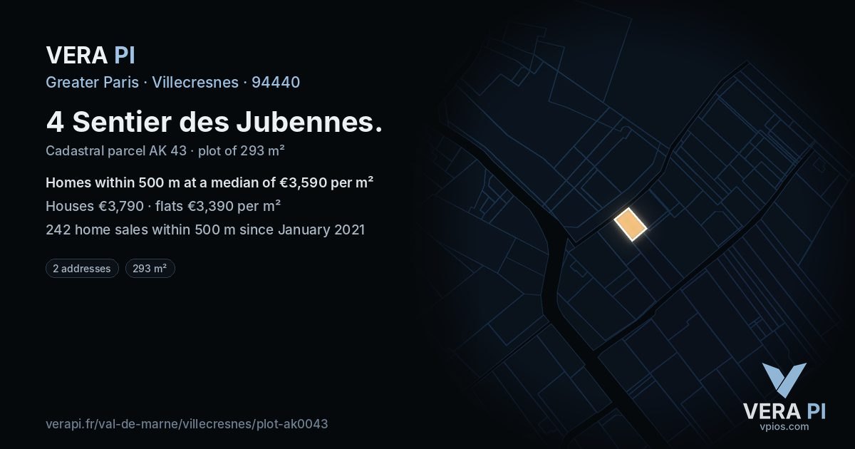 4 Sentier des Jubennes, Villecresnes at night – the plot lit, the parcels around coloured by the prices near them