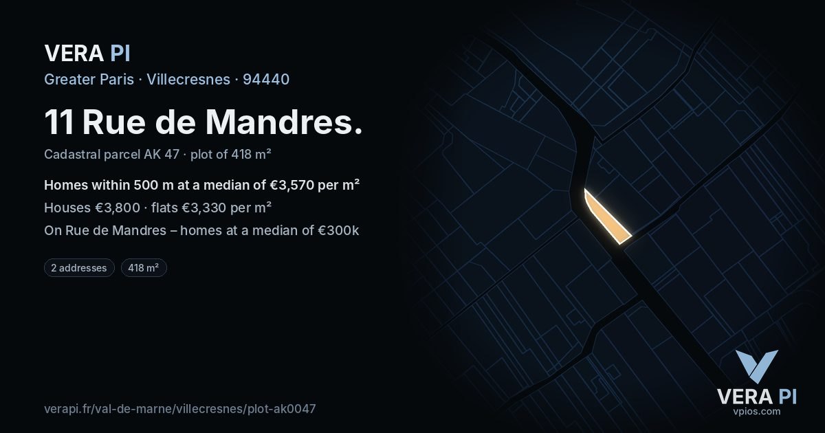 11 Rue de Mandres, Villecresnes at night – the plot lit, the parcels around coloured by the prices near them