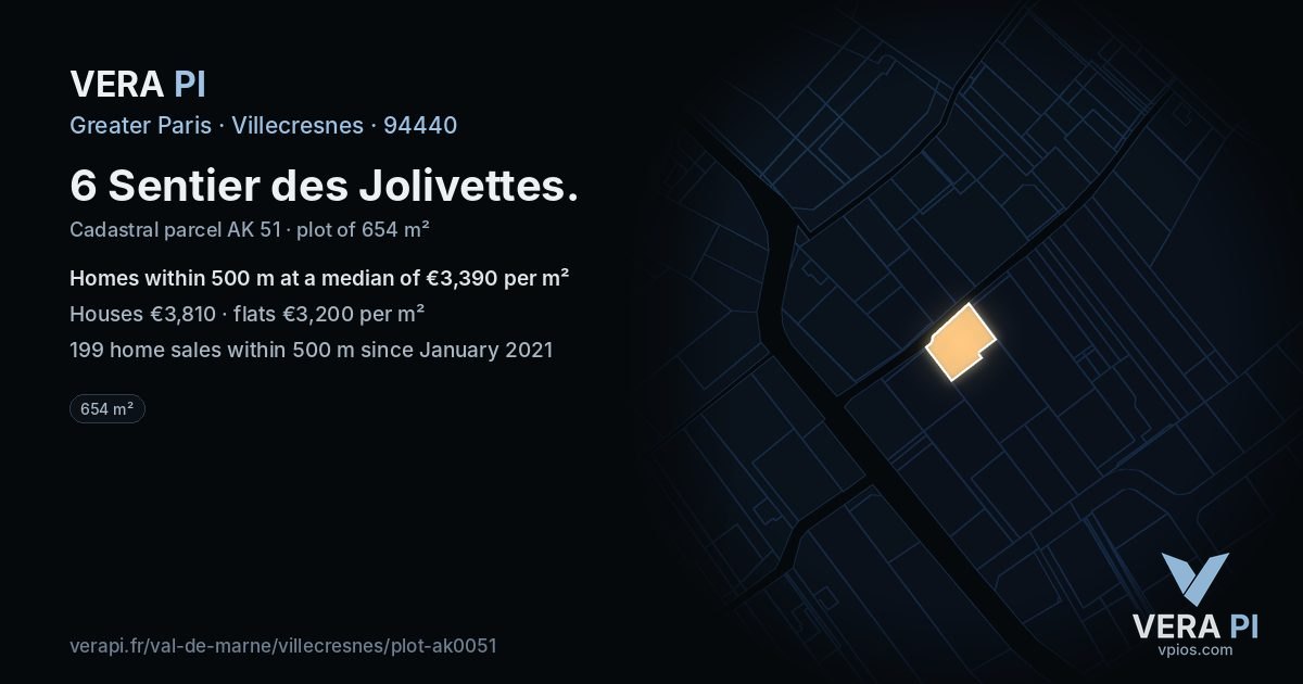 6 Sentier des Jolivettes, Villecresnes at night – the plot lit, the parcels around coloured by the prices near them