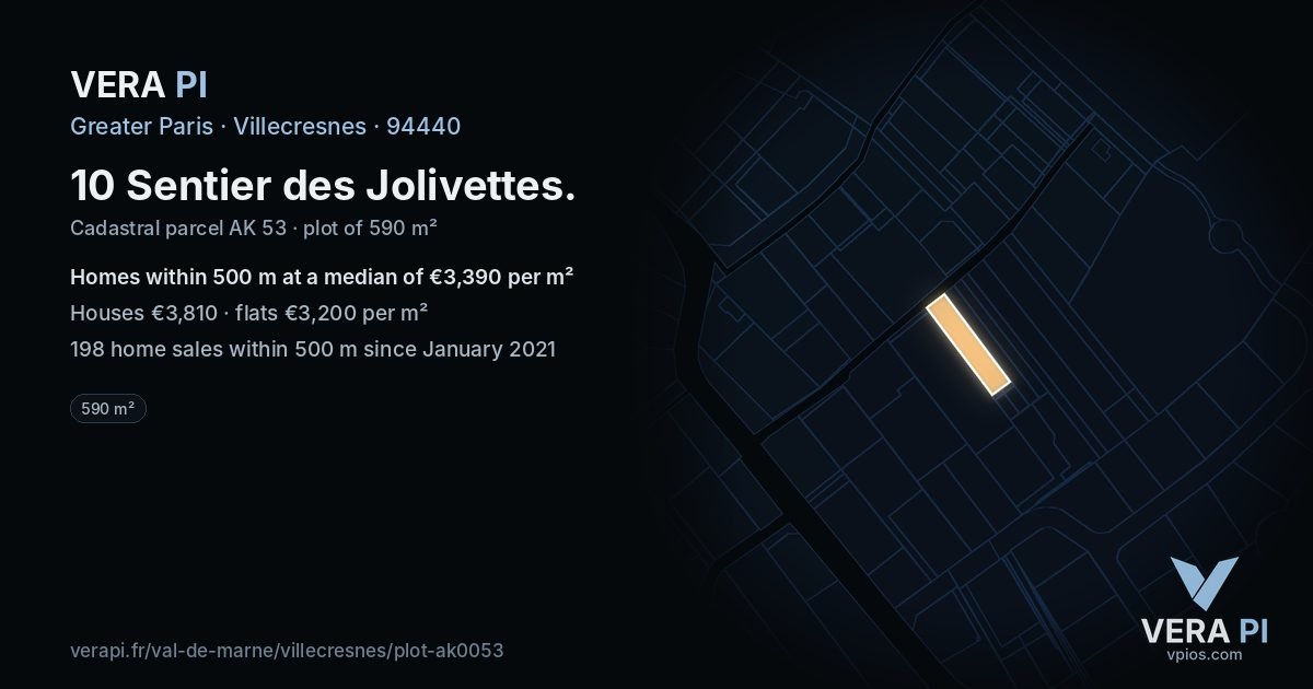 10 Sentier des Jolivettes, Villecresnes at night – the plot lit, the parcels around coloured by the prices near them
