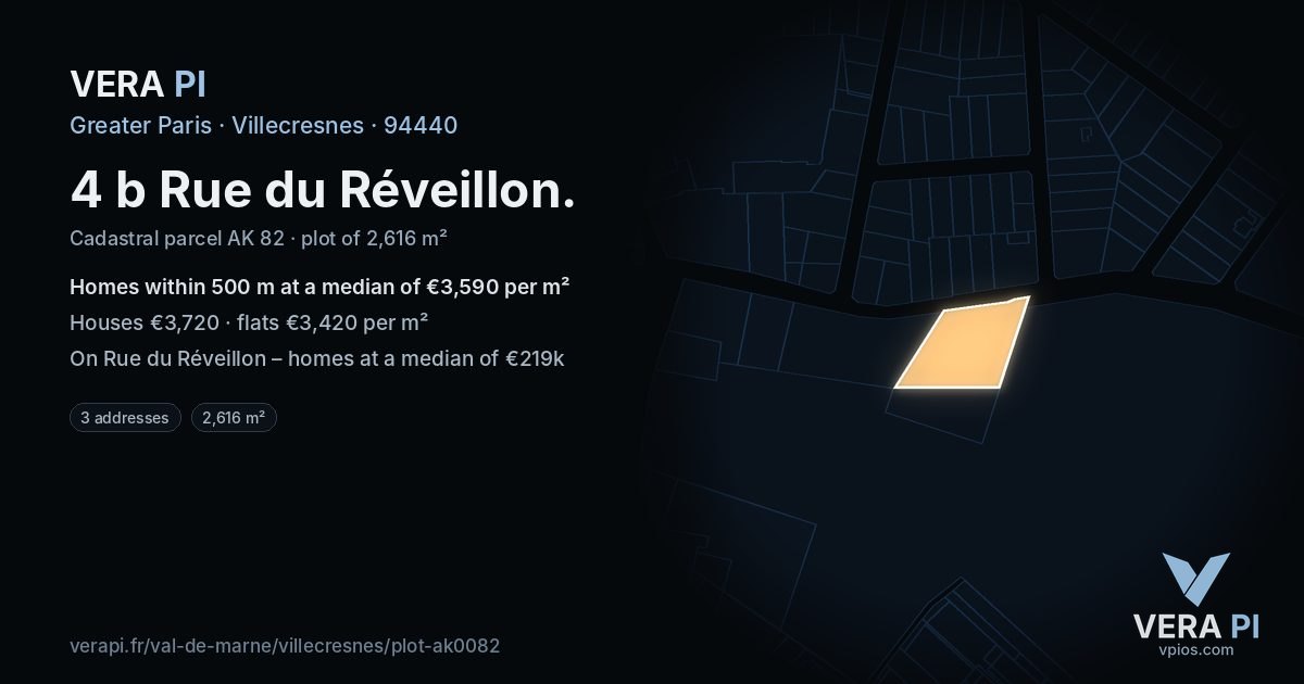 4 b Rue du Réveillon, Villecresnes at night – the plot lit, the parcels around coloured by the prices near them