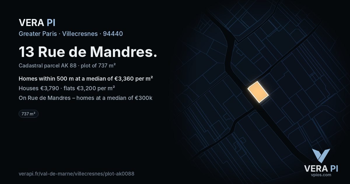13 Rue de Mandres, Villecresnes at night – the plot lit, the parcels around coloured by the prices near them