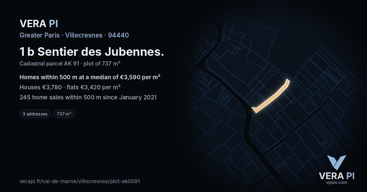 1 b Sentier des Jubennes, Villecresnes at night – the plot lit, the parcels around coloured by the prices near them