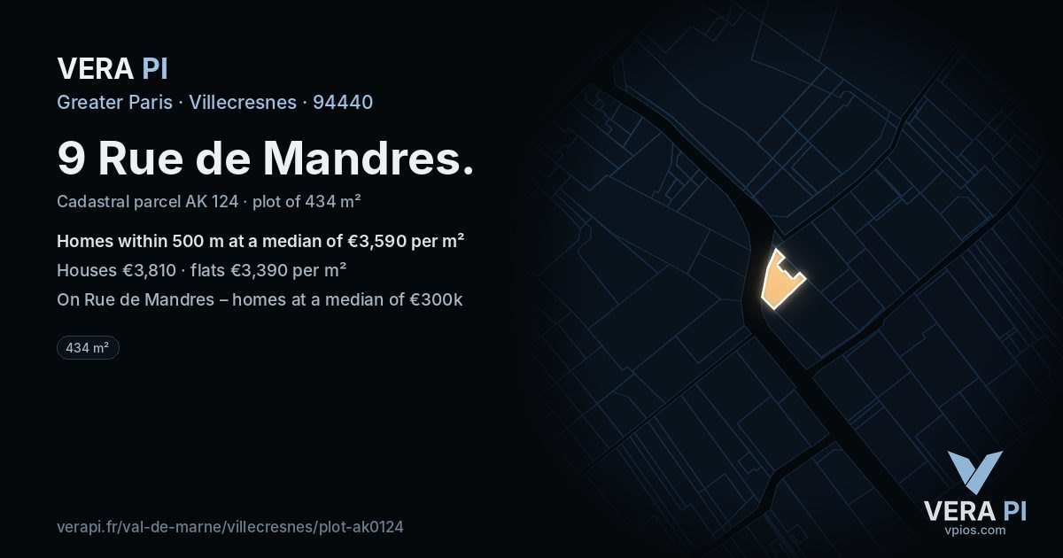 9 Rue de Mandres, Villecresnes at night – the plot lit, the parcels around coloured by the prices near them