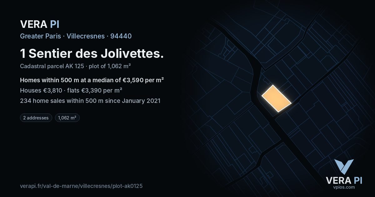 1 Sentier des Jolivettes, Villecresnes at night – the plot lit, the parcels around coloured by the prices near them