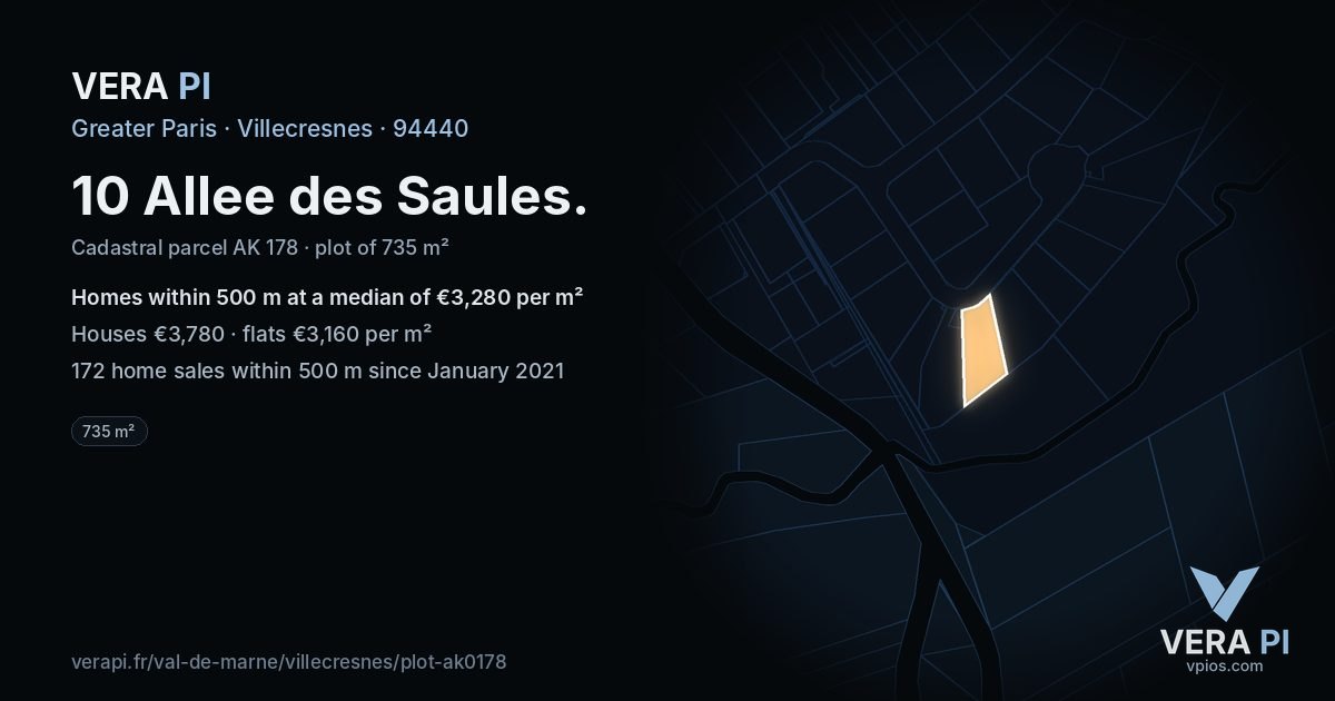 10 Allee des Saules, Villecresnes at night – the plot lit, the parcels around coloured by the prices near them