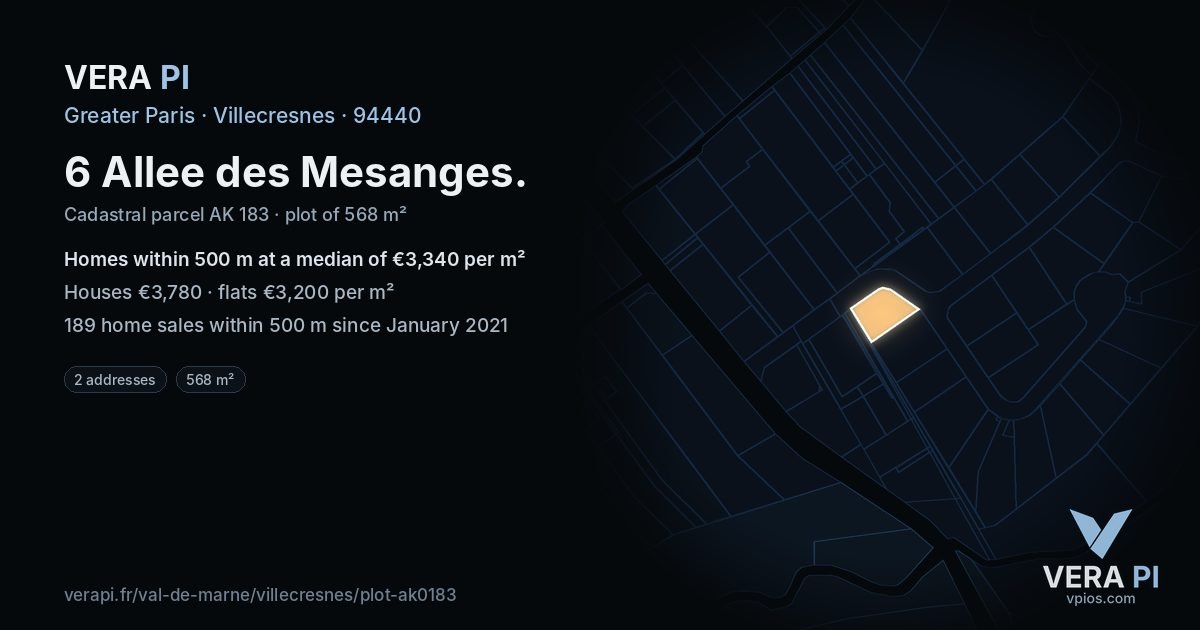 6 Allee des Mesanges, Villecresnes at night – the plot lit, the parcels around coloured by the prices near them