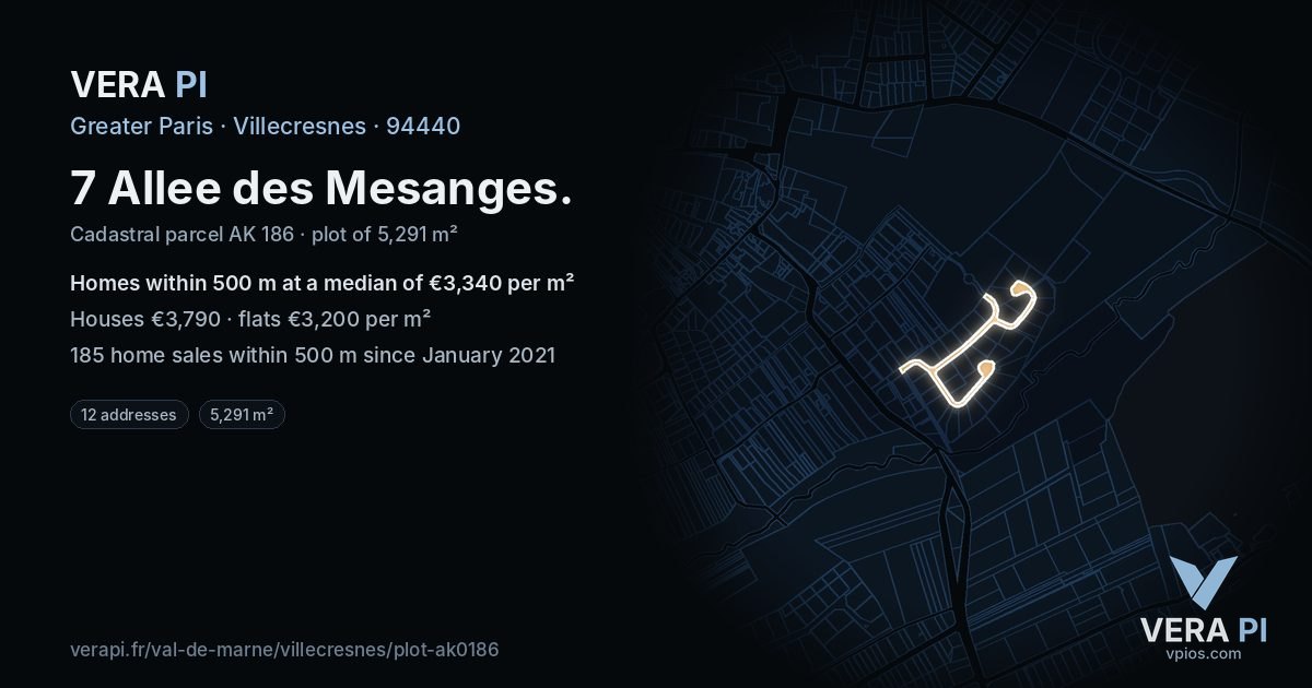 7 Allee des Mesanges, Villecresnes at night – the plot lit, the parcels around coloured by the prices near them
