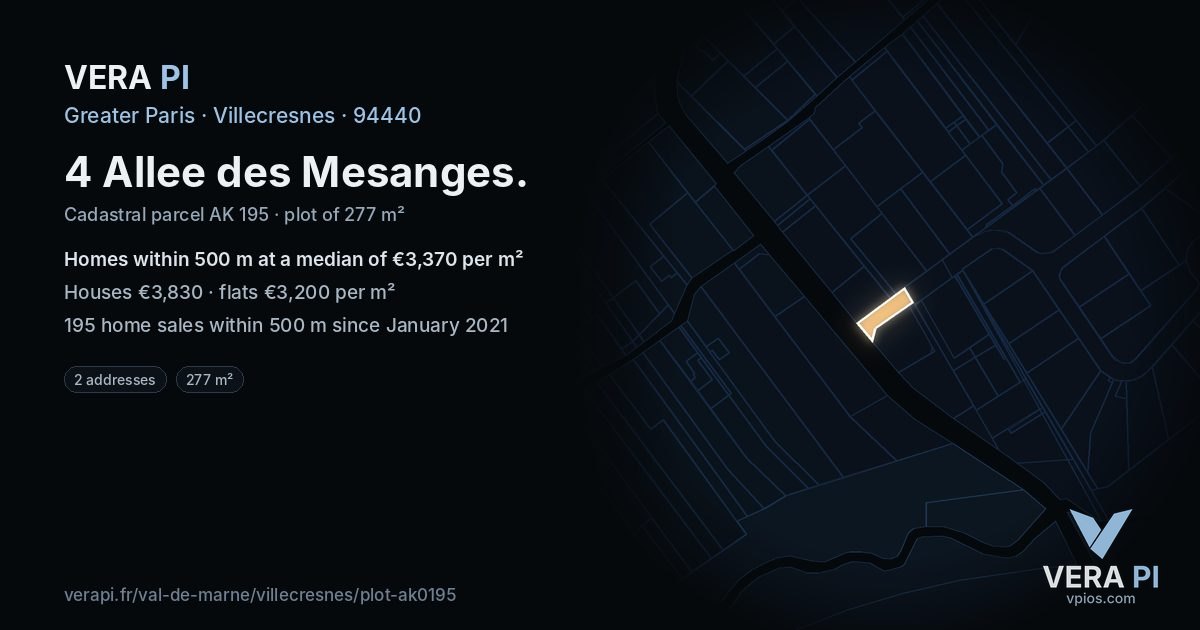 4 Allee des Mesanges, Villecresnes at night – the plot lit, the parcels around coloured by the prices near them