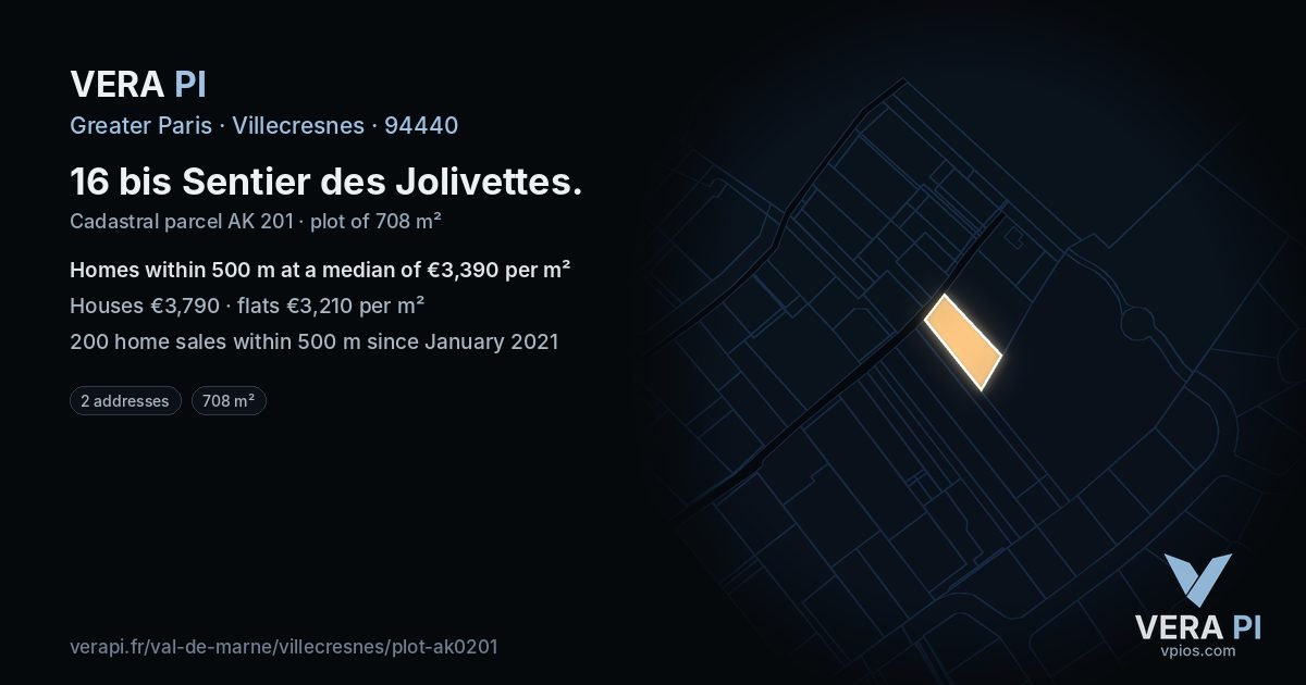 16 bis Sentier des Jolivettes, Villecresnes at night – the plot lit, the parcels around coloured by the prices near them