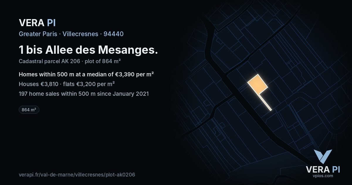 1 bis Allee des Mesanges, Villecresnes at night – the plot lit, the parcels around coloured by the prices near them