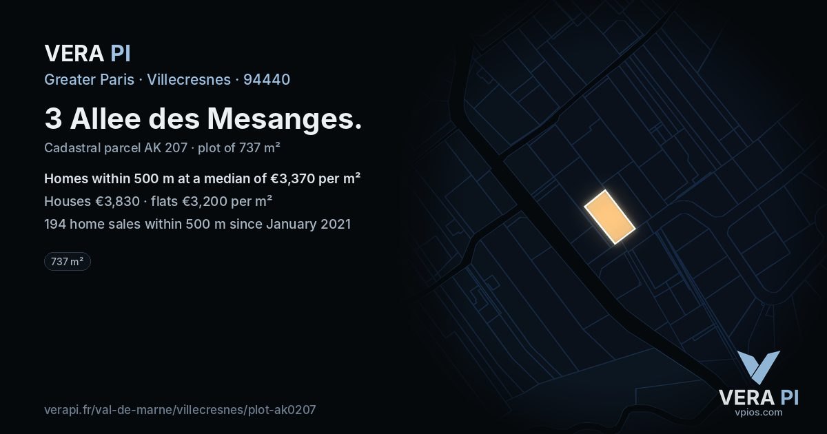 3 Allee des Mesanges, Villecresnes at night – the plot lit, the parcels around coloured by the prices near them