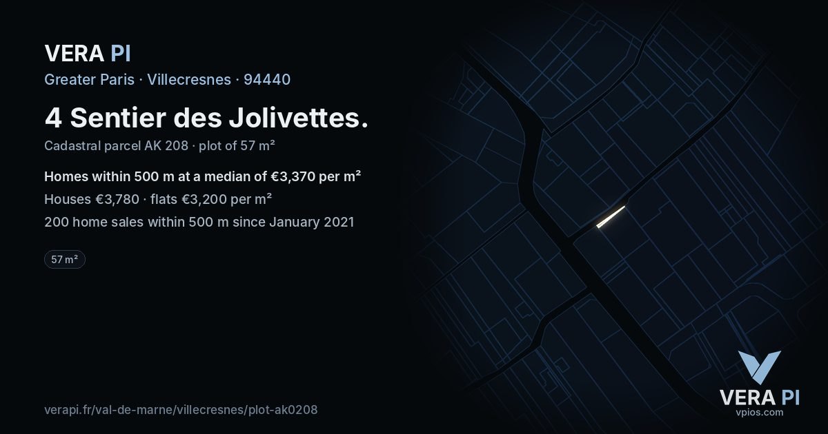 4 Sentier des Jolivettes, Villecresnes at night – the plot lit, the parcels around coloured by the prices near them