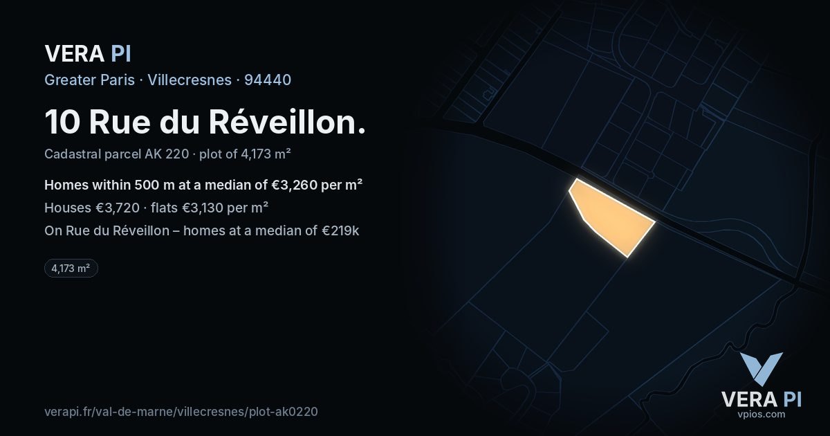 10 Rue du Réveillon, Villecresnes at night – the plot lit, the parcels around coloured by the prices near them