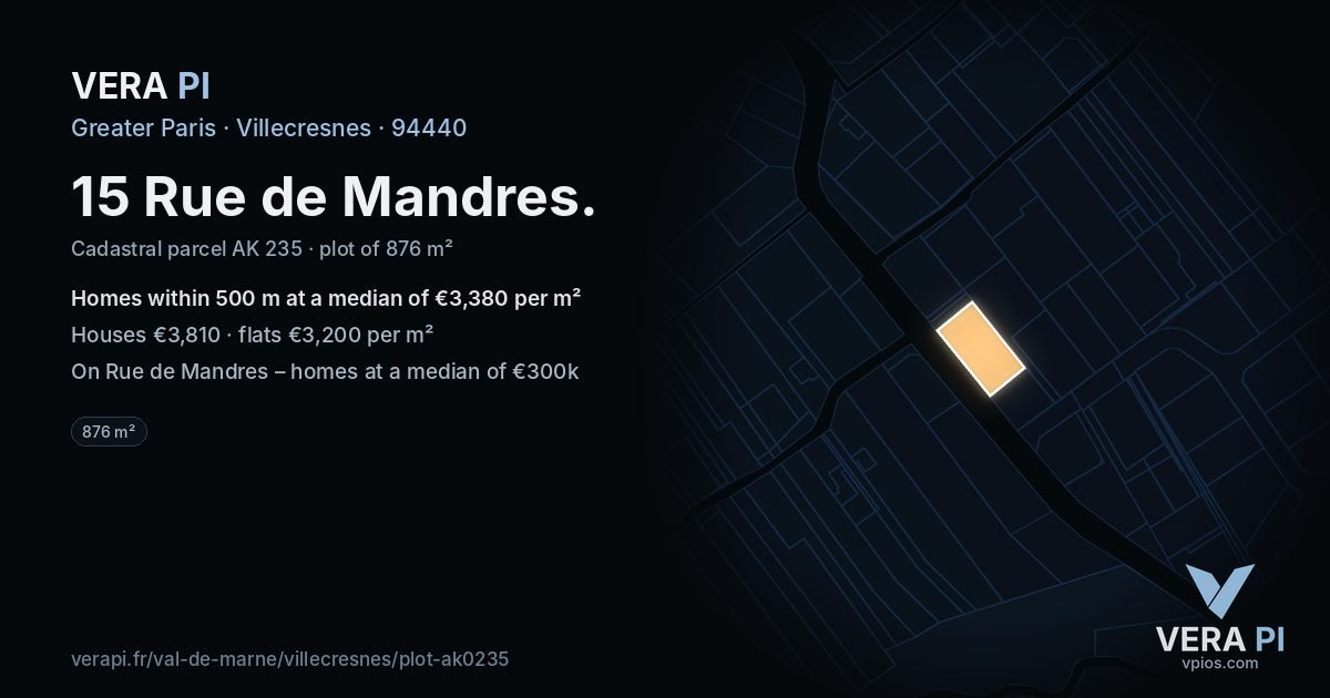 15 Rue de Mandres, Villecresnes at night – the plot lit, the parcels around coloured by the prices near them