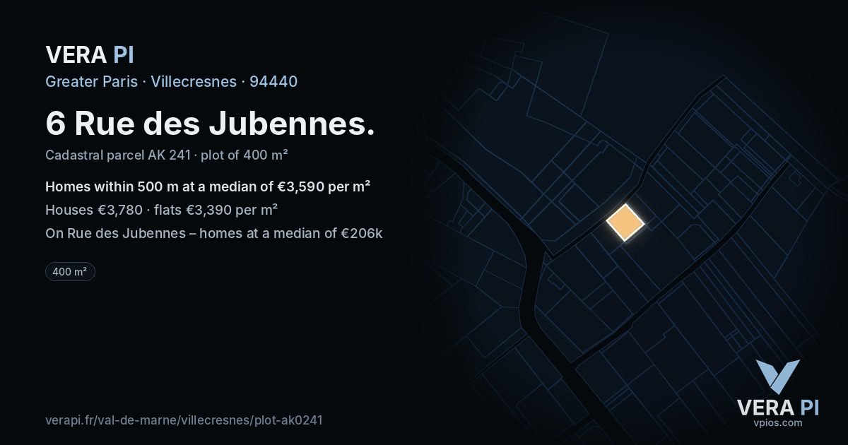 6 Rue des Jubennes, Villecresnes at night – the plot lit, the parcels around coloured by the prices near them