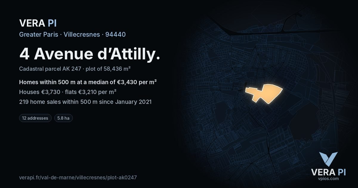 4 Avenue d’Attilly, Villecresnes at night – the plot lit, the parcels around coloured by the prices near them