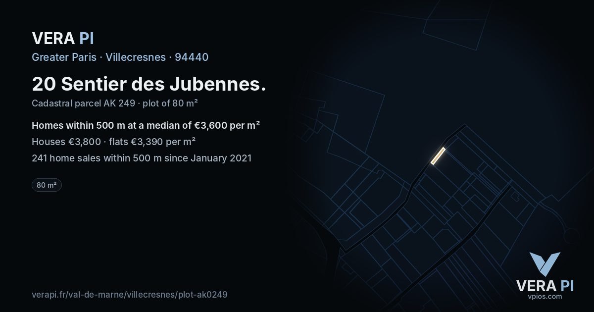 20 Sentier des Jubennes, Villecresnes at night – the plot lit, the parcels around coloured by the prices near them