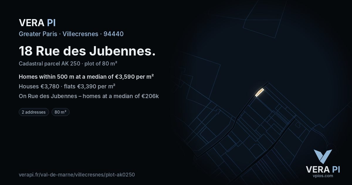 18 Rue des Jubennes, Villecresnes at night – the plot lit, the parcels around coloured by the prices near them