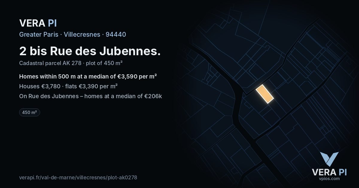 2 bis Rue des Jubennes, Villecresnes at night – the plot lit, the parcels around coloured by the prices near them