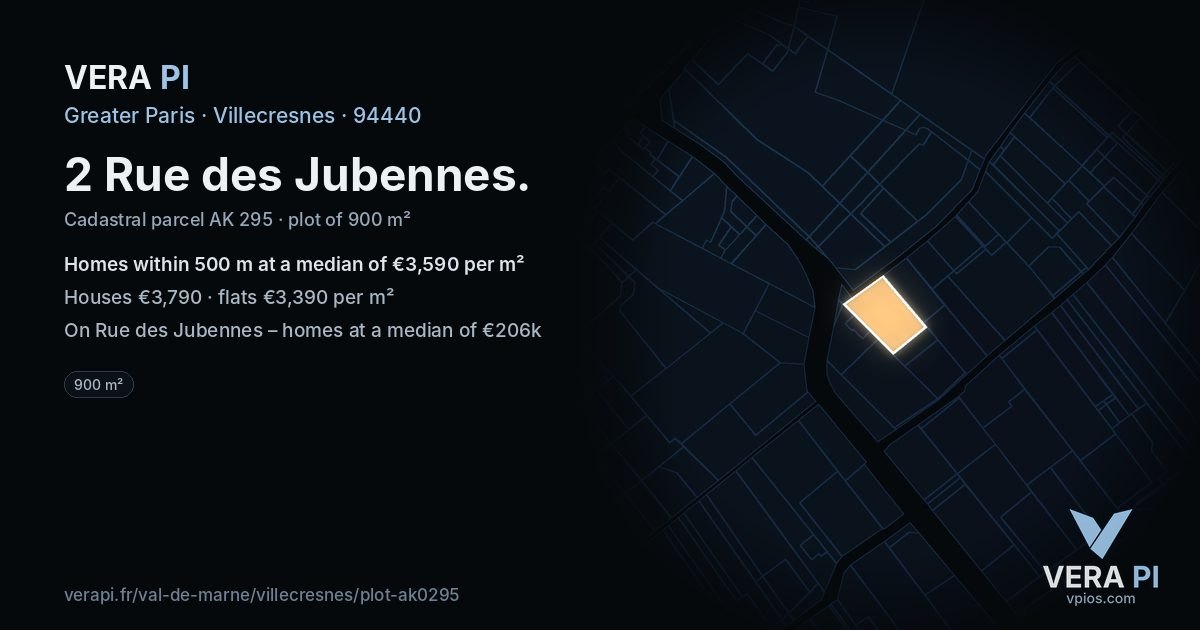 2 Rue des Jubennes, Villecresnes at night – the plot lit, the parcels around coloured by the prices near them