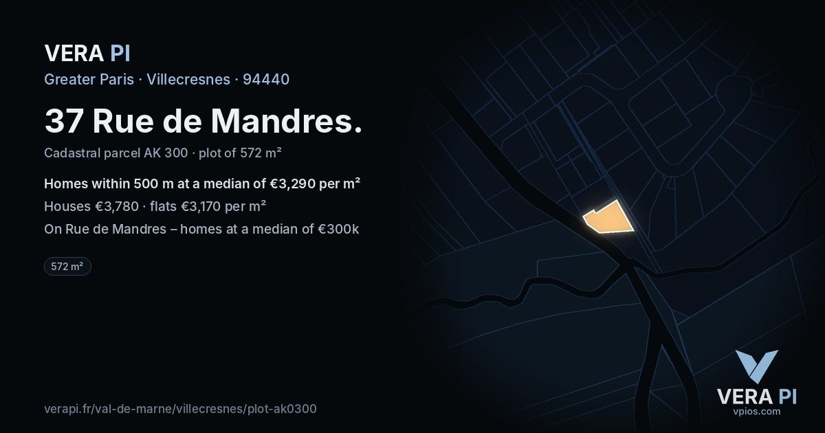 37 Rue de Mandres, Villecresnes at night – the plot lit, the parcels around coloured by the prices near them