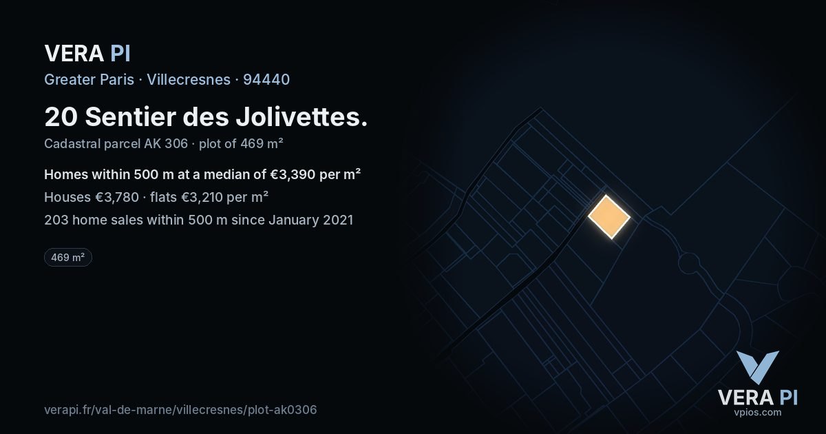 20 Sentier des Jolivettes, Villecresnes at night – the plot lit, the parcels around coloured by the prices near them