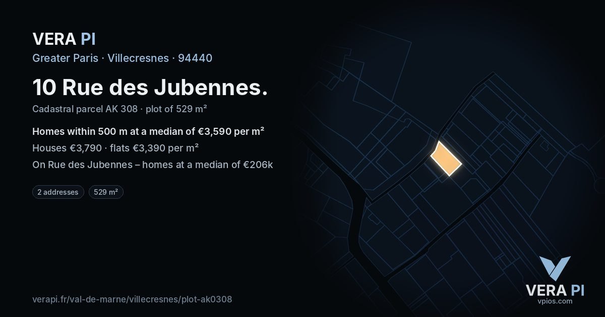 10 Rue des Jubennes, Villecresnes at night – the plot lit, the parcels around coloured by the prices near them