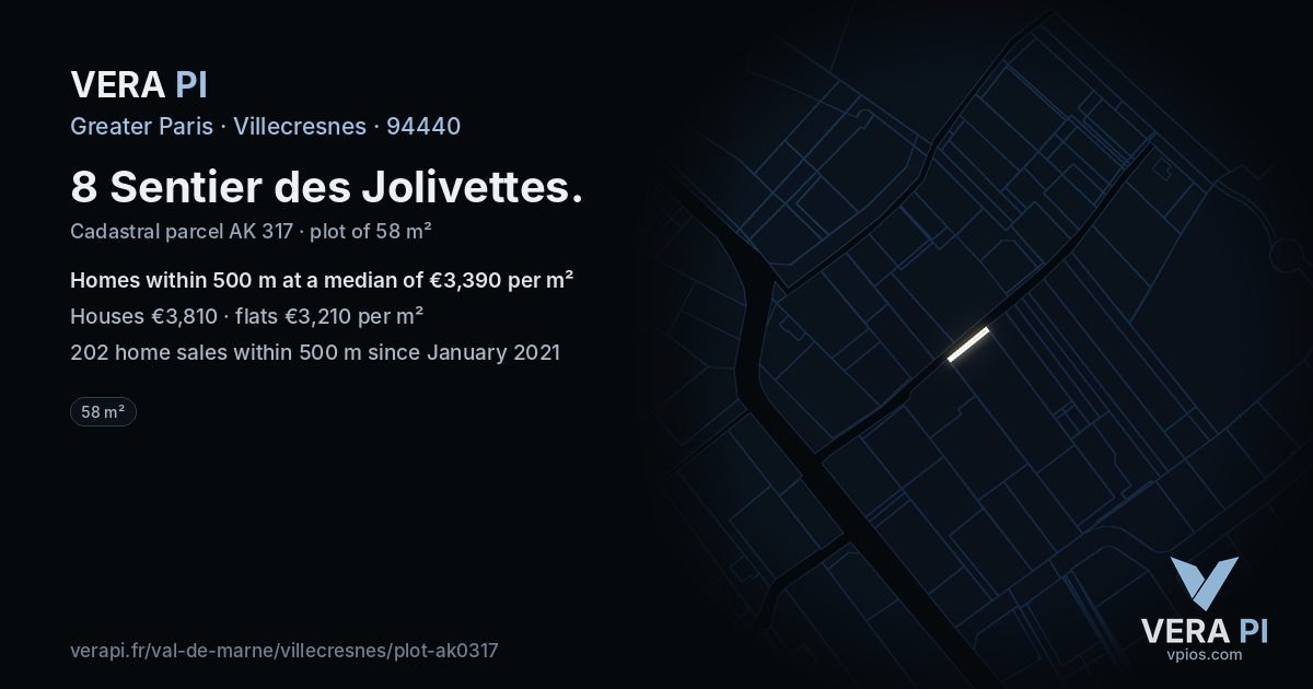 8 Sentier des Jolivettes, Villecresnes at night – the plot lit, the parcels around coloured by the prices near them