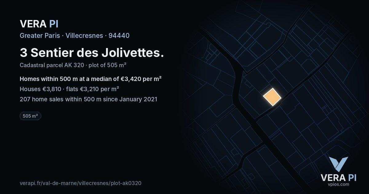 3 Sentier des Jolivettes, Villecresnes at night – the plot lit, the parcels around coloured by the prices near them