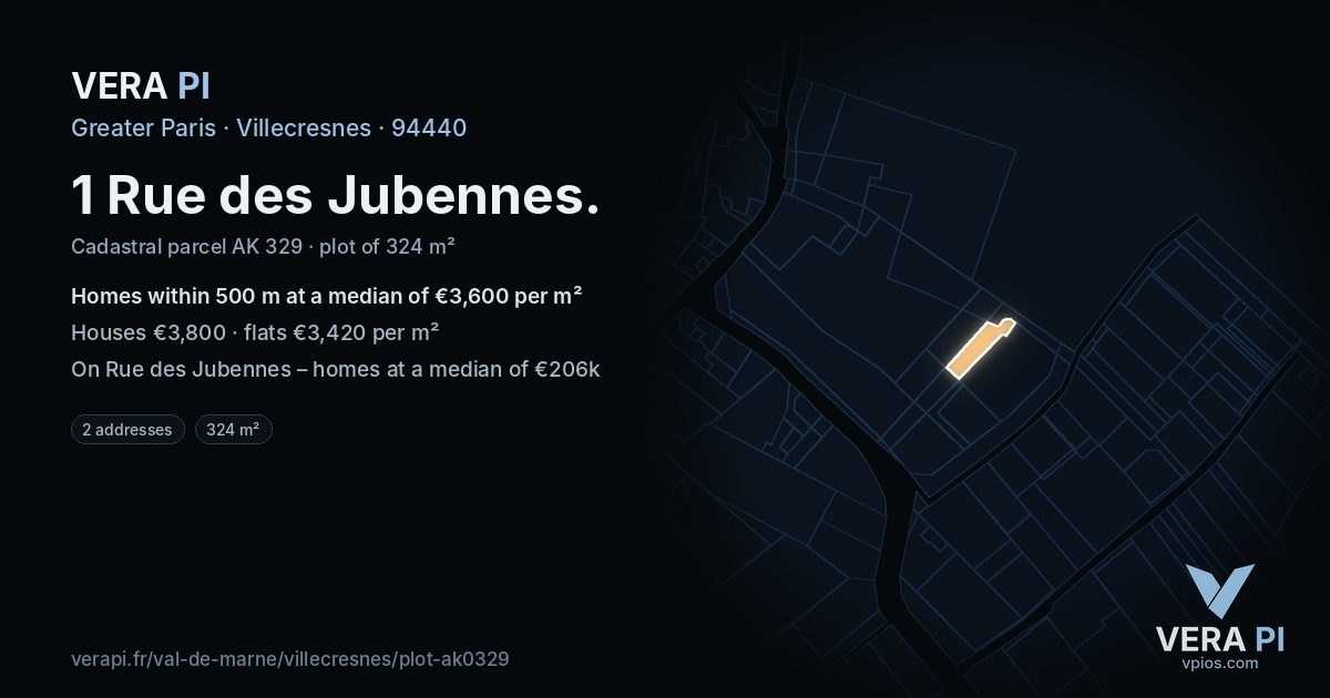 1 Rue des Jubennes, Villecresnes at night – the plot lit, the parcels around coloured by the prices near them